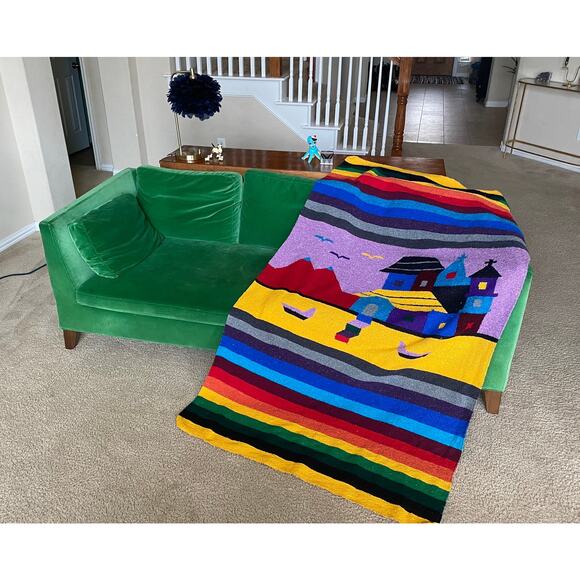 vintage 80s RAINBOW STRIPED Iglesia MEXICAN Blanket serape woven Falsa blanket - Picture 7 of 10